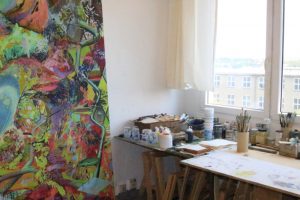 In the studio: from her window, the artist has a view of the former East German state security prison in Berlin Hohenschönhausen.